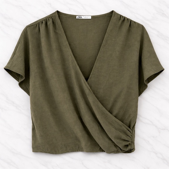 ZARA Olive Green Draped Wrap Top NWT Size Large - Picture 2 of 11